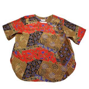 Fitting Image Shirt Womens Multicolor Patchwork Design Round Neck Short Sleeve